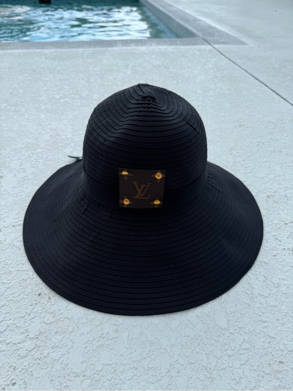 Upcycled Authentic Louis Vuitton Monogram Wide Brim Sun Hat Black Straw Studios